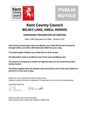 Belsey Lane, Ewell Minnis Closed to through traffic 19th November